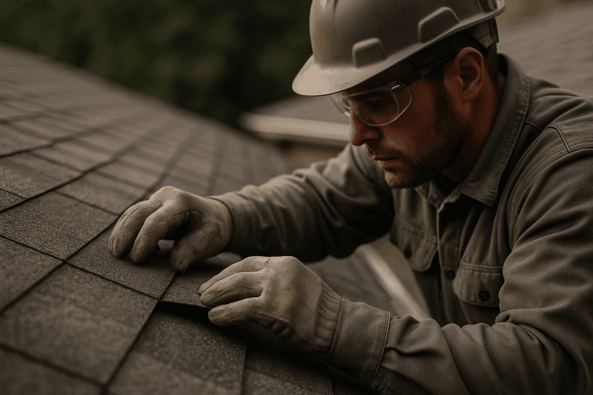 Close-up of roofer’s gloved hands aligning asphalt shingles on a clean roof