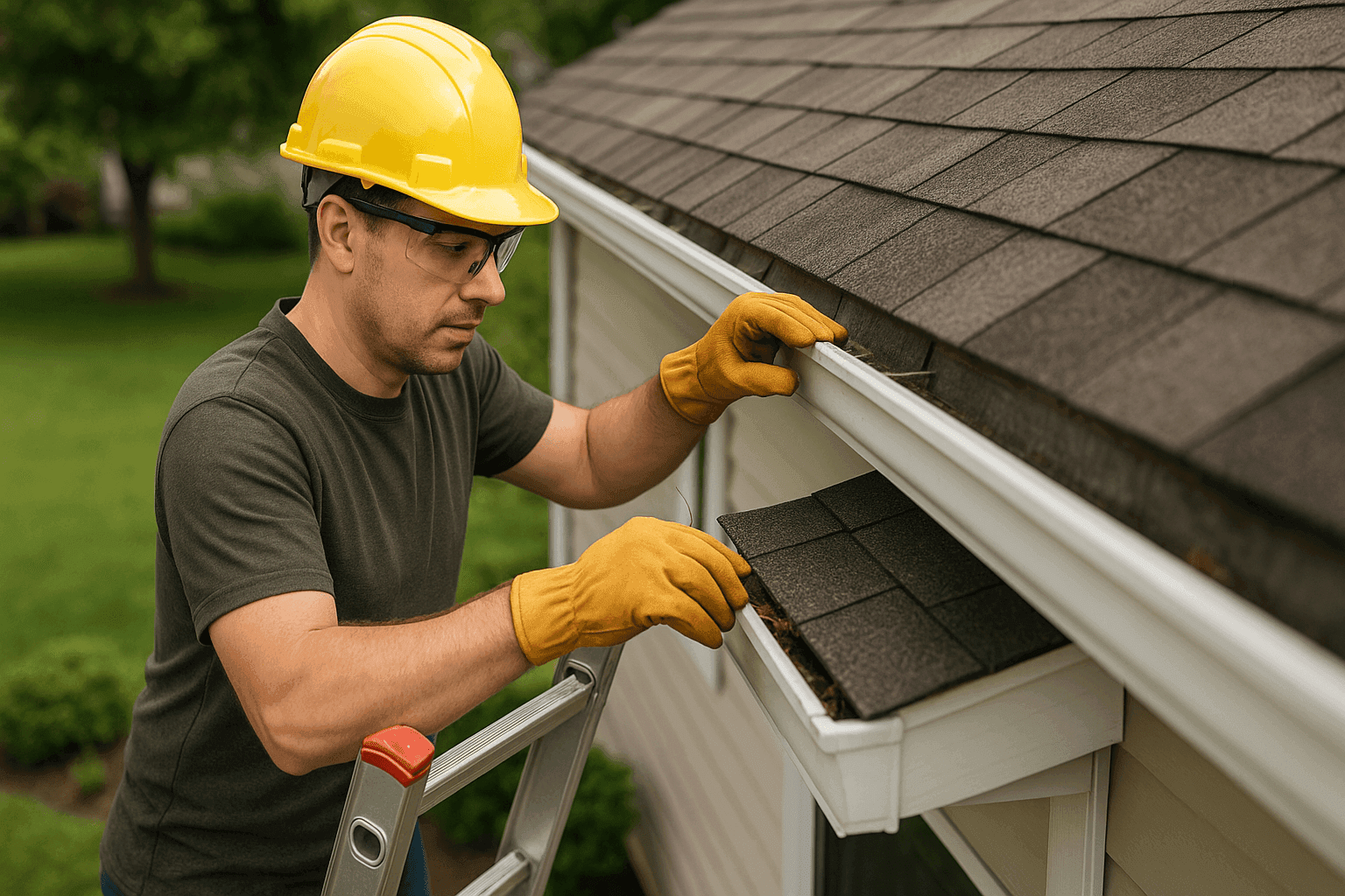 Homeowner checking gutters and inspecting roof as part of maintenance checklist