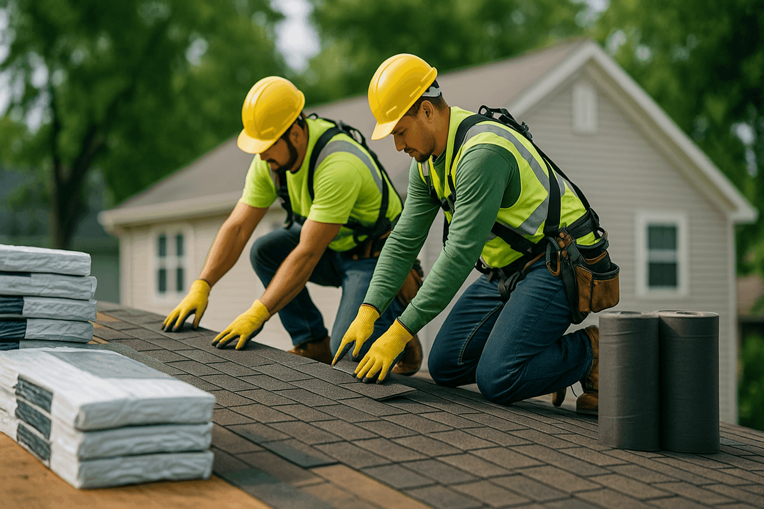 Roofers installing new shingles on a residential roof with materials visible