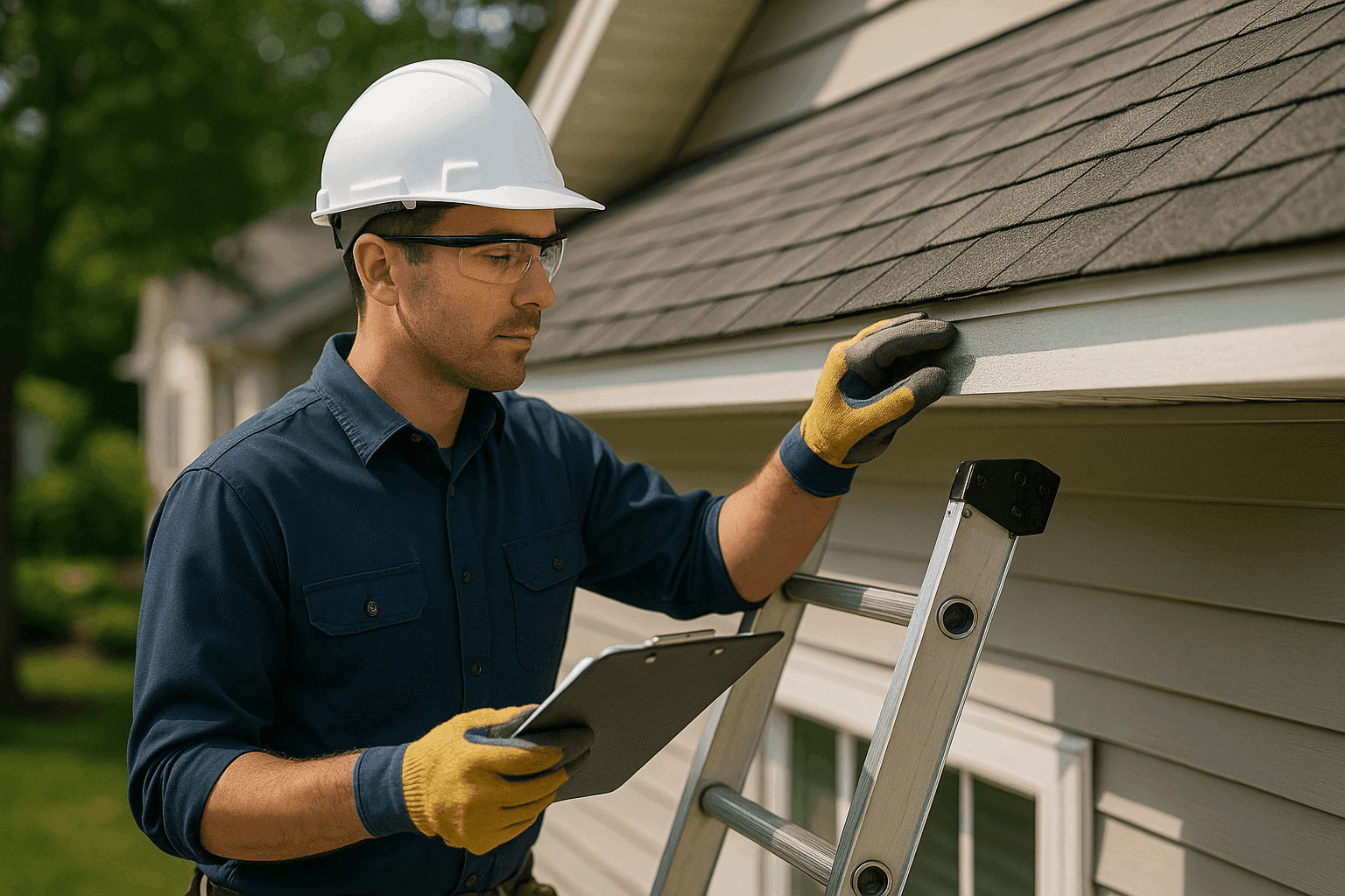 Homeowner inspecting roof shingles for damage with clipboard