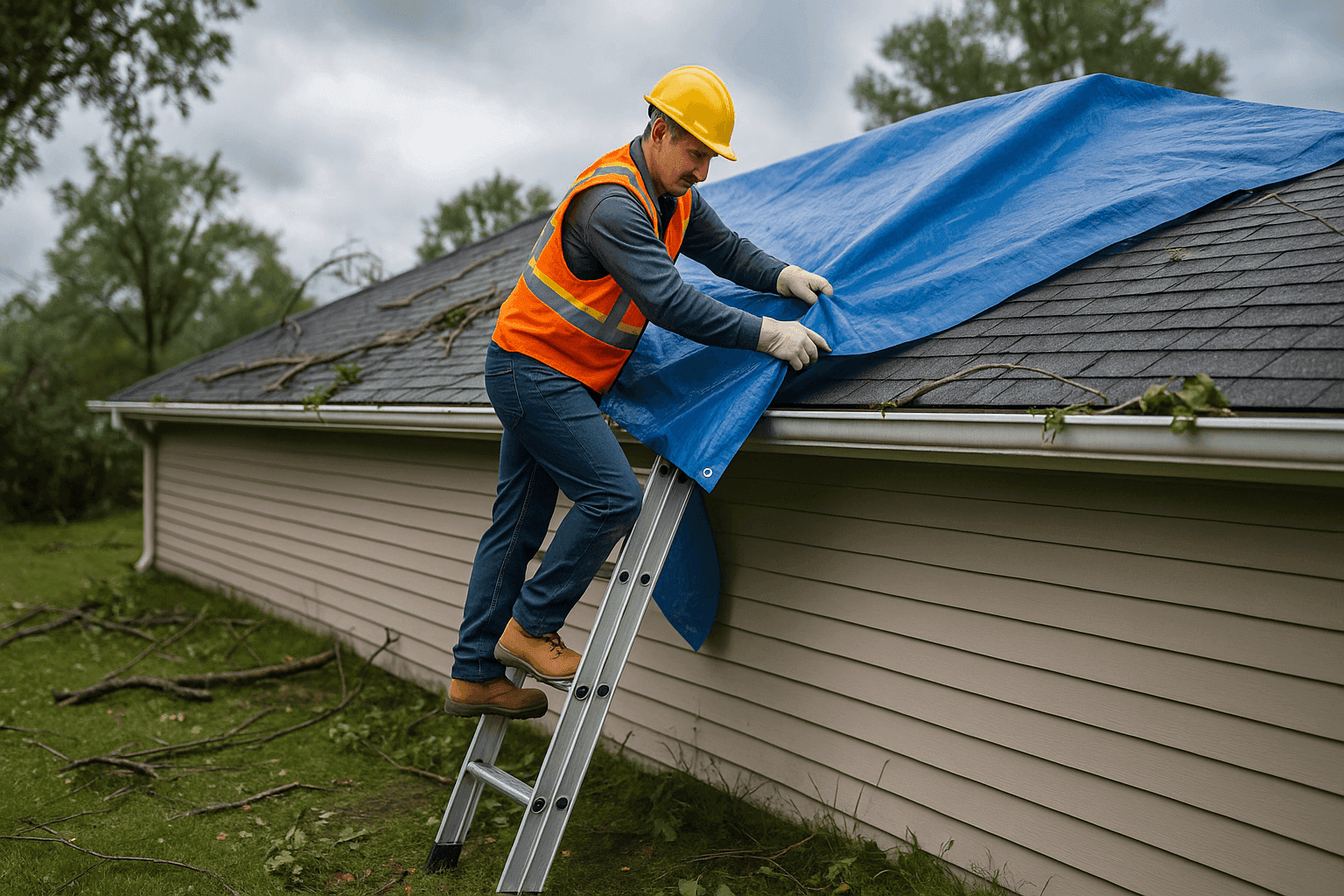 Homeowner safely covering storm-damaged roof with tarp after severe weather